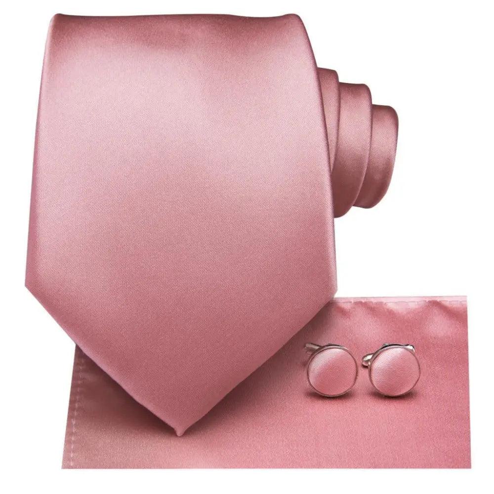 Elegant Pink Silk Necktie Pocket Square Cufflinks Set