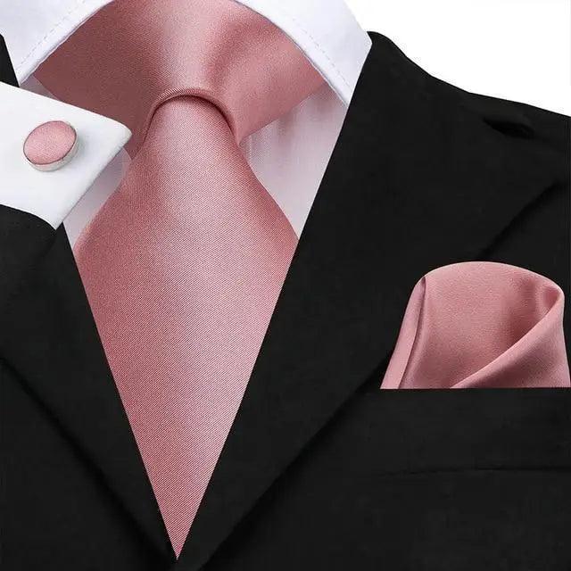 Elegant Pink Silk Necktie Pocket Square Cufflinks Set