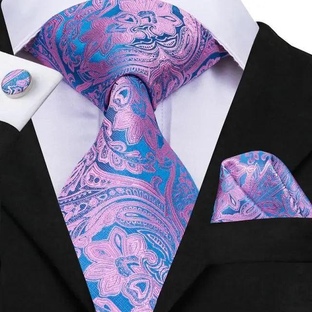 Elegant Pink Silk Necktie Pocket Square Cufflinks Set