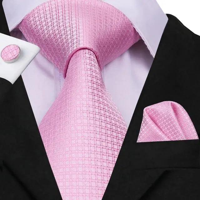 Elegant Pink Silk Necktie Pocket Square Cufflinks Set