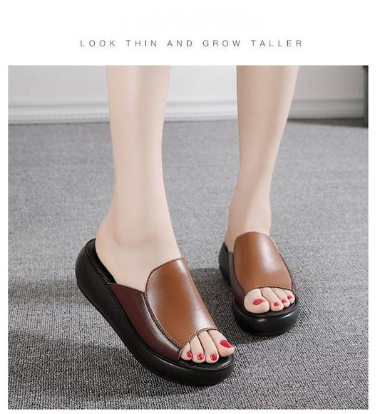 Elegant Platform Summer Women Genuine Leather Slippers