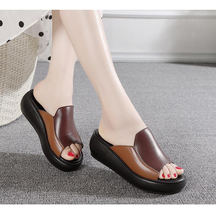 Elegant Platform Summer Women Genuine Leather Slippers
