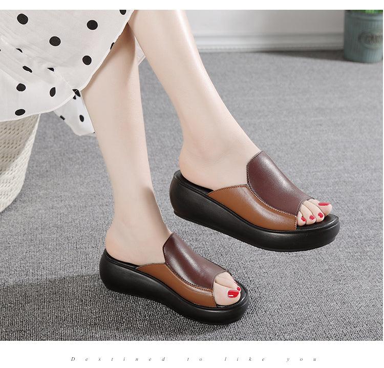 Elegant Platform Summer Women Genuine Leather Slippers