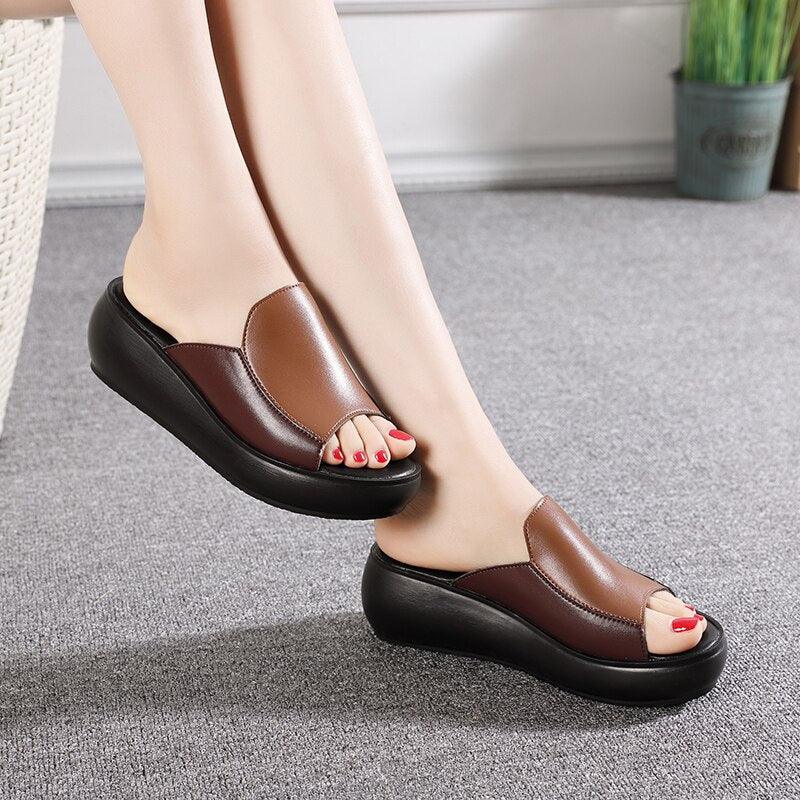 Elegant Platform Summer Women Genuine Leather Slippers