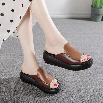 Elegant Platform Summer Women Genuine Leather Slippers