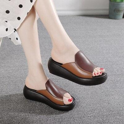 Elegant Platform Summer Women Genuine Leather Slippers