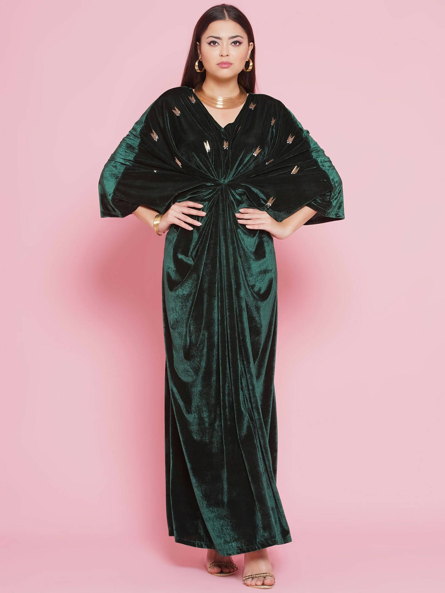 Women Republic Green Velvet Hand Embellished Gown