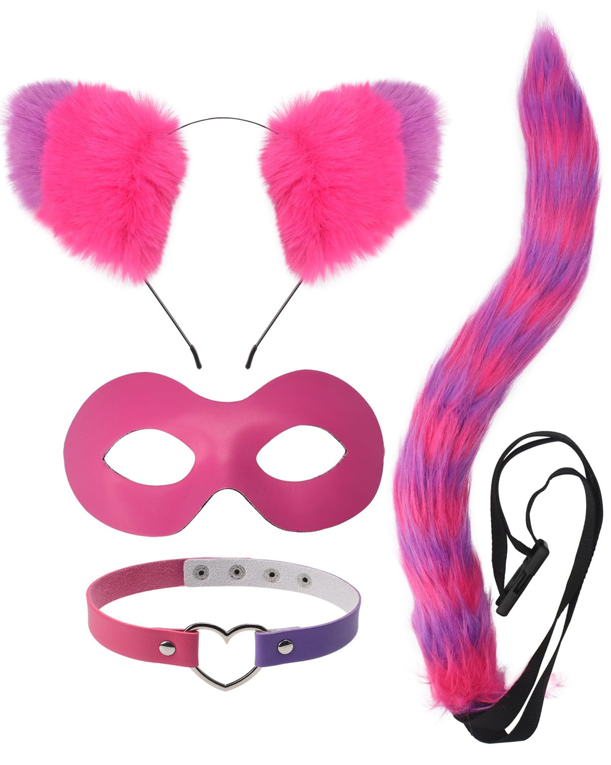 HODRME One Size 4-Piece Pink/Purple Cat Ears, Tail, Mask & Collar