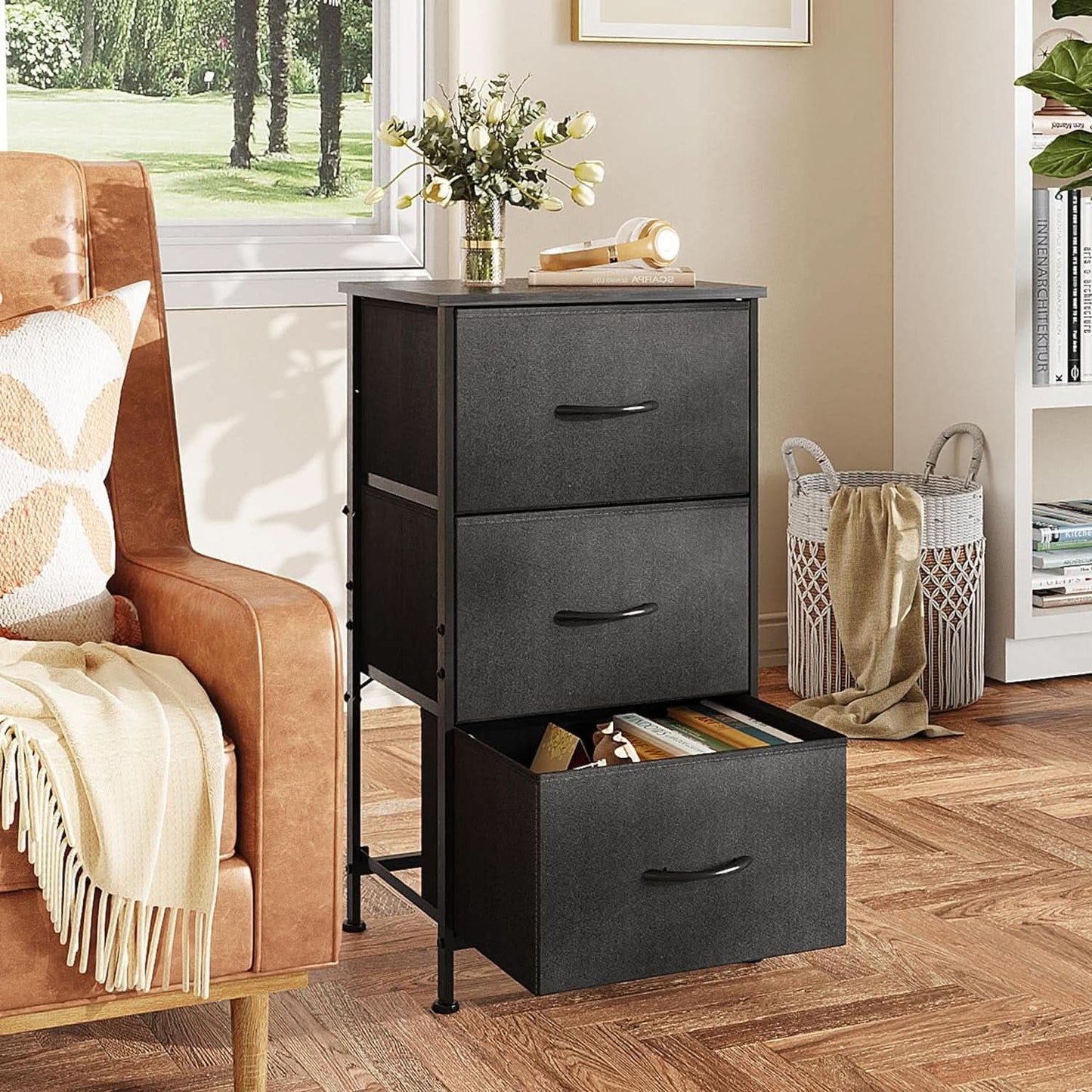 Charcoal Black 3 Drawer Dresser With Wood Top Steel Frame