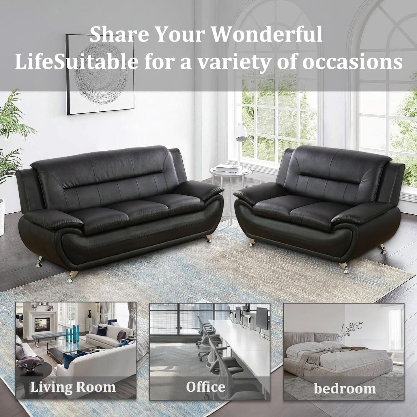Black Faux Leather Sofa Loveseat 2 Piece Living Room Set
