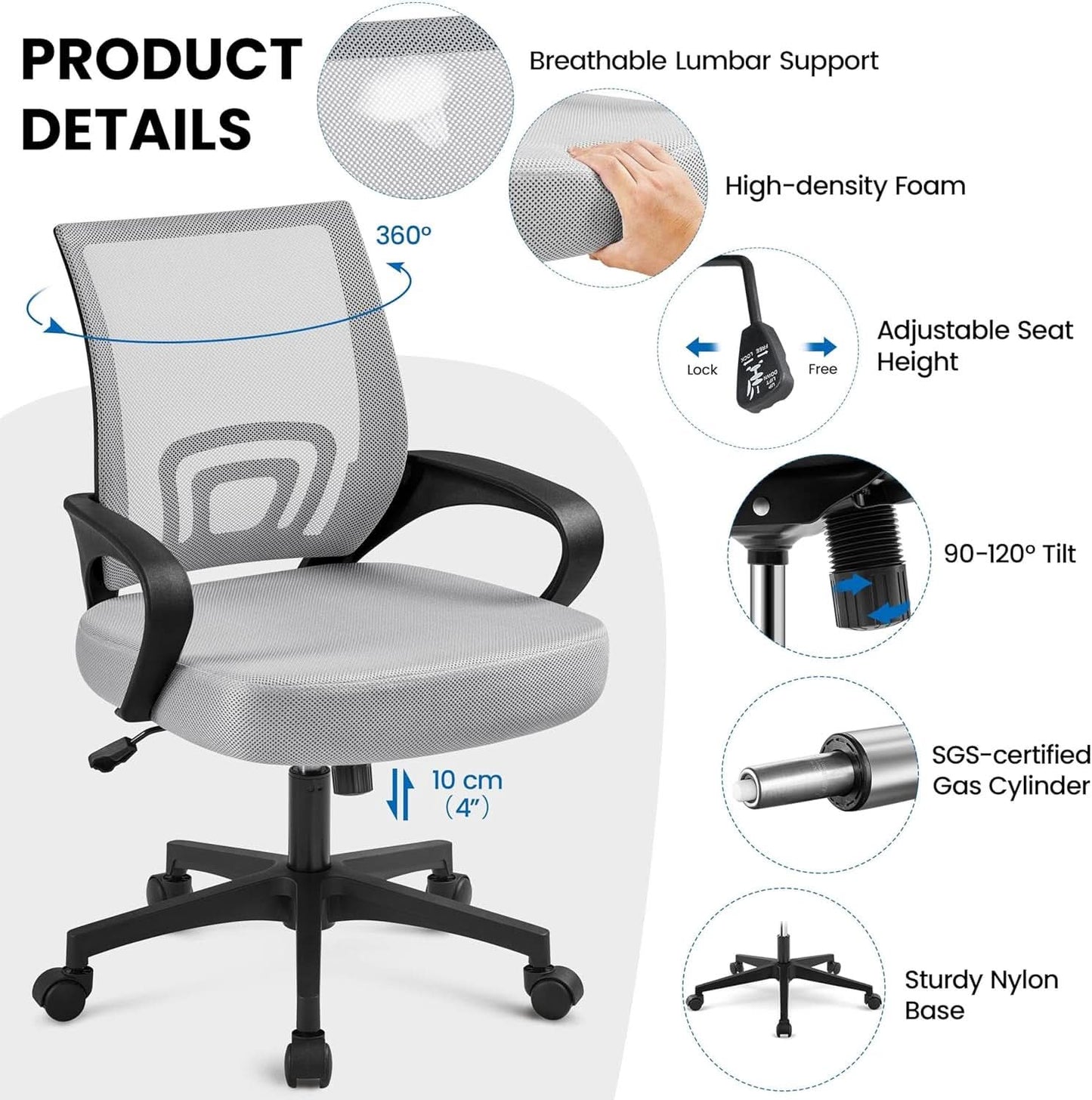 Two Pack Ergonomic Mesh Office Chairs With Lumbar Support And Adjustable Height Swivel Rolling Task Chairs Grey