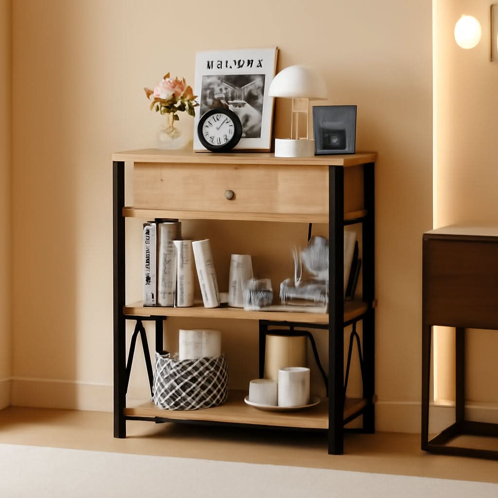 Rustic Oak 3 Tier Bookshelf With Drawer Industrial Wood And Metal Bookcase
