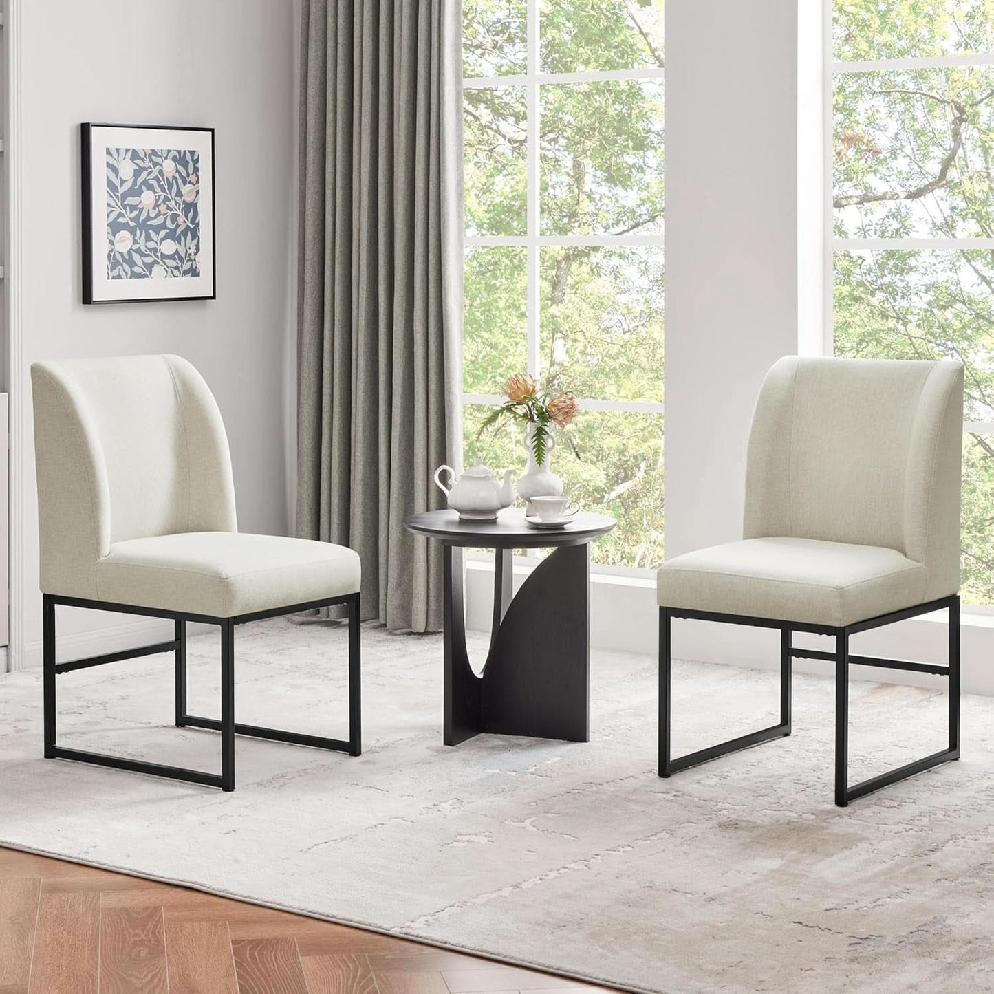Beige Upholstered Dining Chairs Mid Back With Metal Legs 2