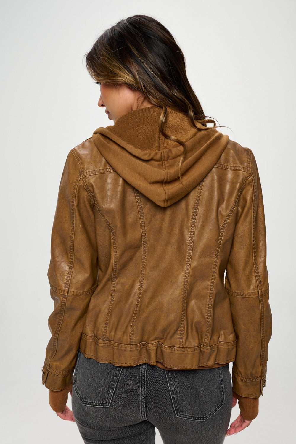 Coalition LA Double Zip Hooded Long Sleeve Vegan Leather Jacket for Women Stylish and Functional Outerwear