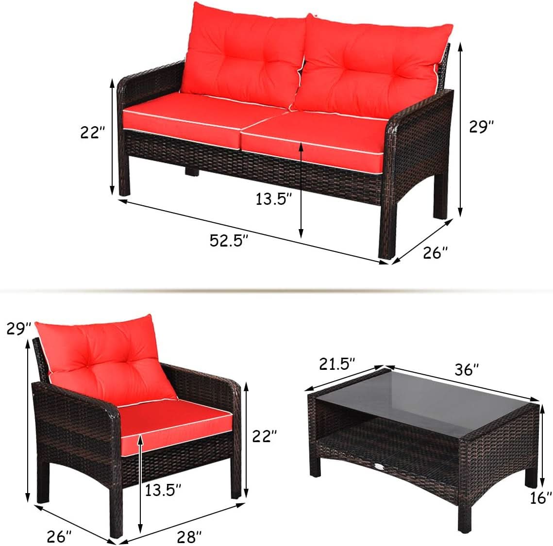 4 Piece Outdoor Wicker Patio Furniture Set with Cushions