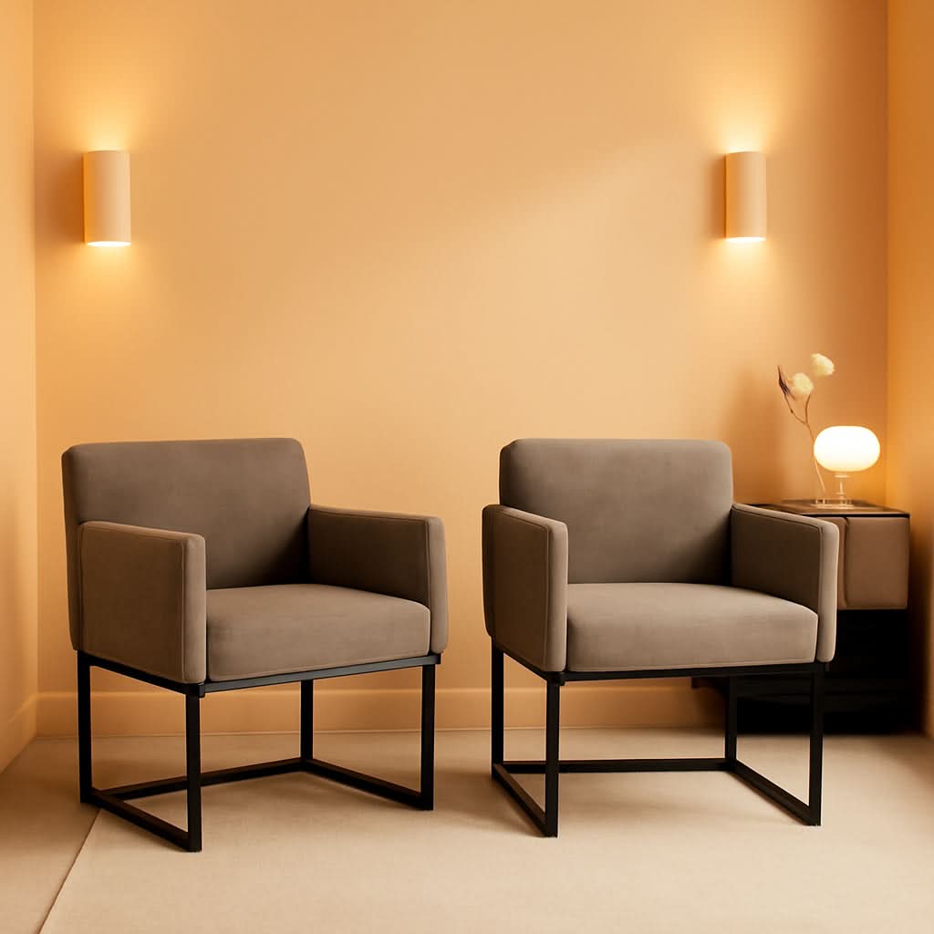 Set Of 4 Grey Upholstered Armchairs With Linen Fabric