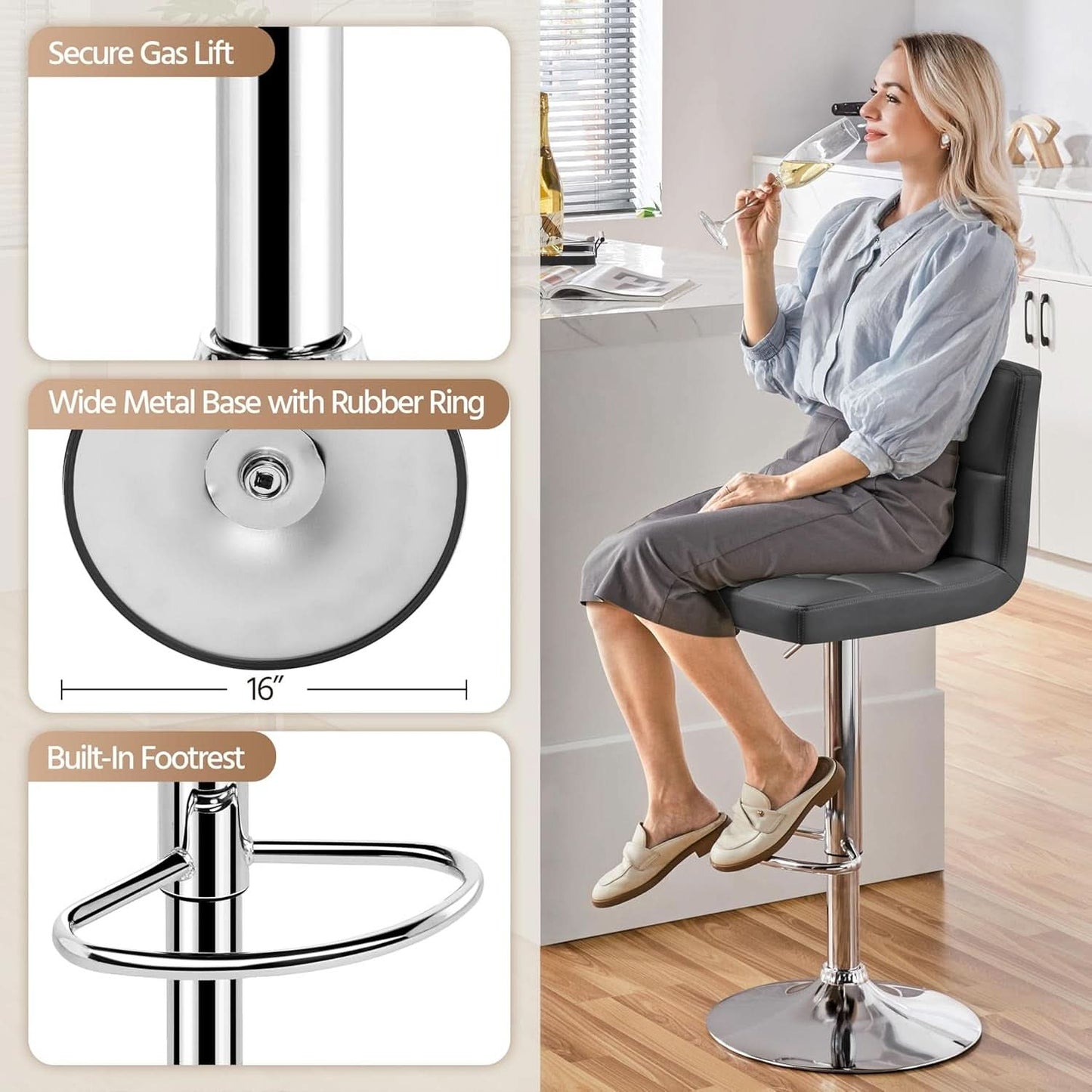 Bar Stools Set of 2, PU Leather Swivel Backrest, Gray