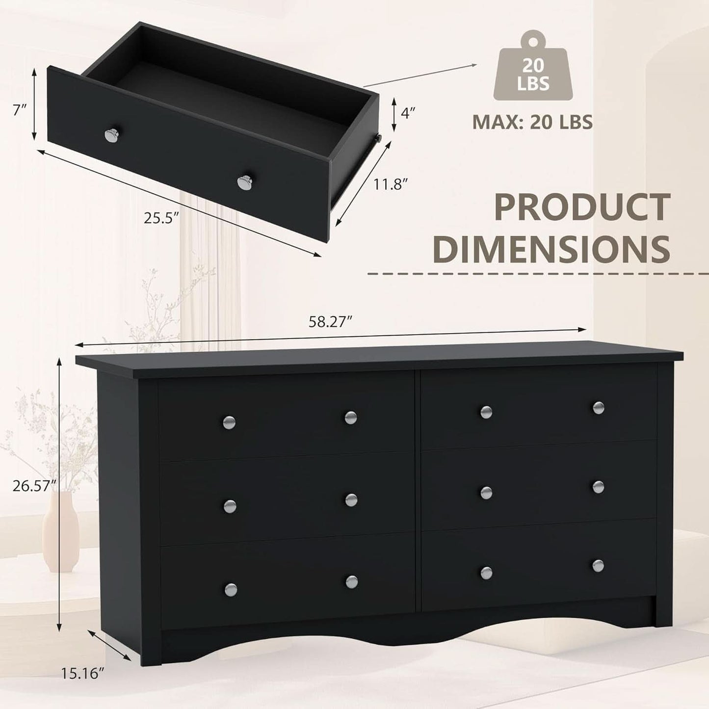 Black Dresser With Six Deep Drawers For TV Storage