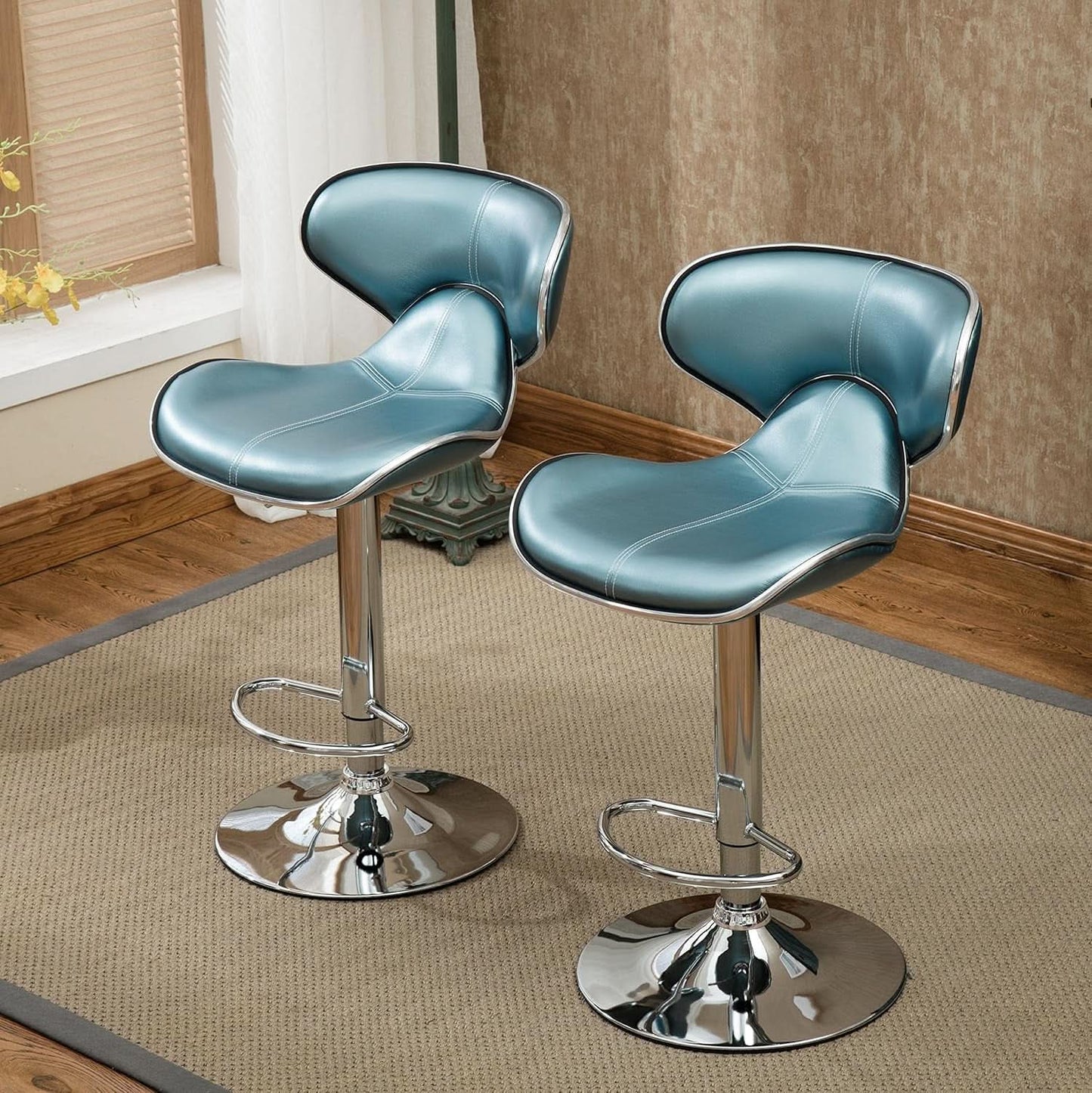 Blue Cushioned Leatherette Barstools Set Of 2 With Airlift Height And Swivel