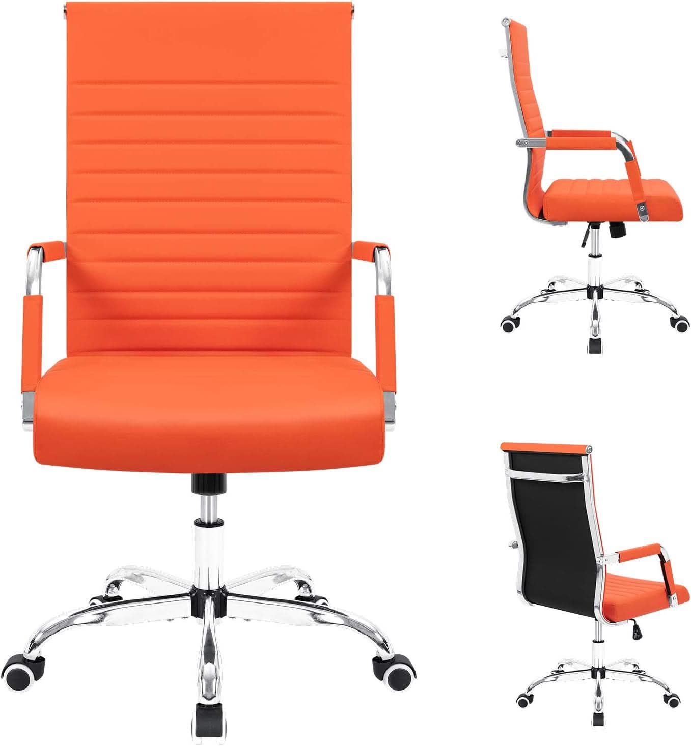Orange Ribbed Leather Office Desk Chair Adjustable Height