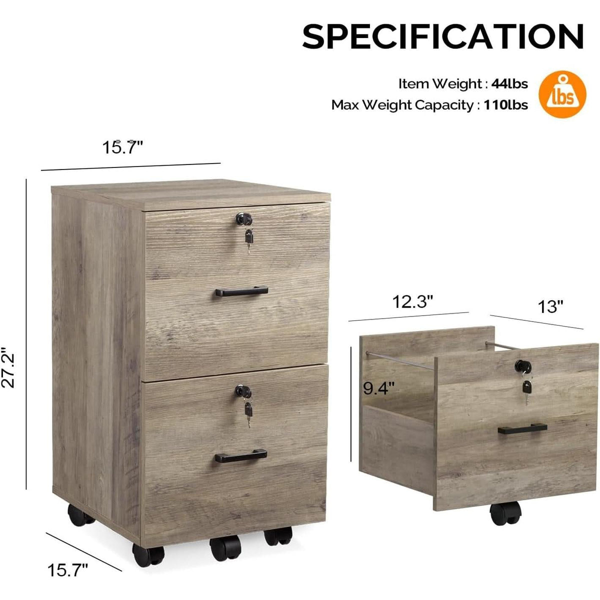 Rolling File Cabinet With Lock And Two Drawers For Letter Files
