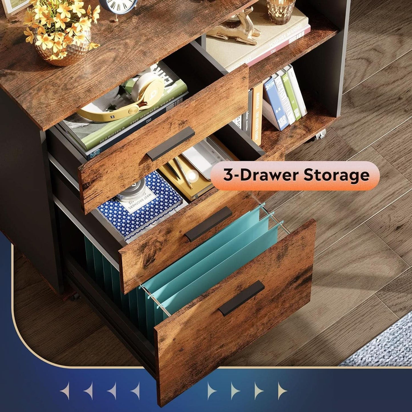 Rustic Brown 3 Drawer Mobile File Cabinet With Open Shelves Printer Stand For Home Office