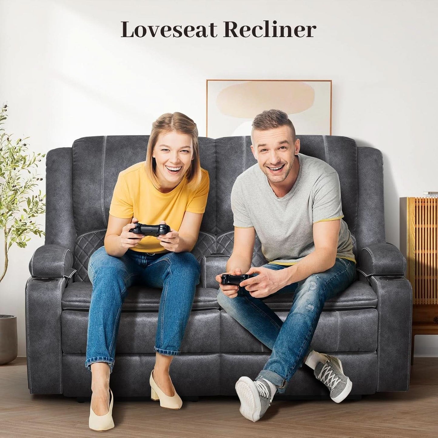 Gray Velvet Manual Recliner Loveseat With USB Ports