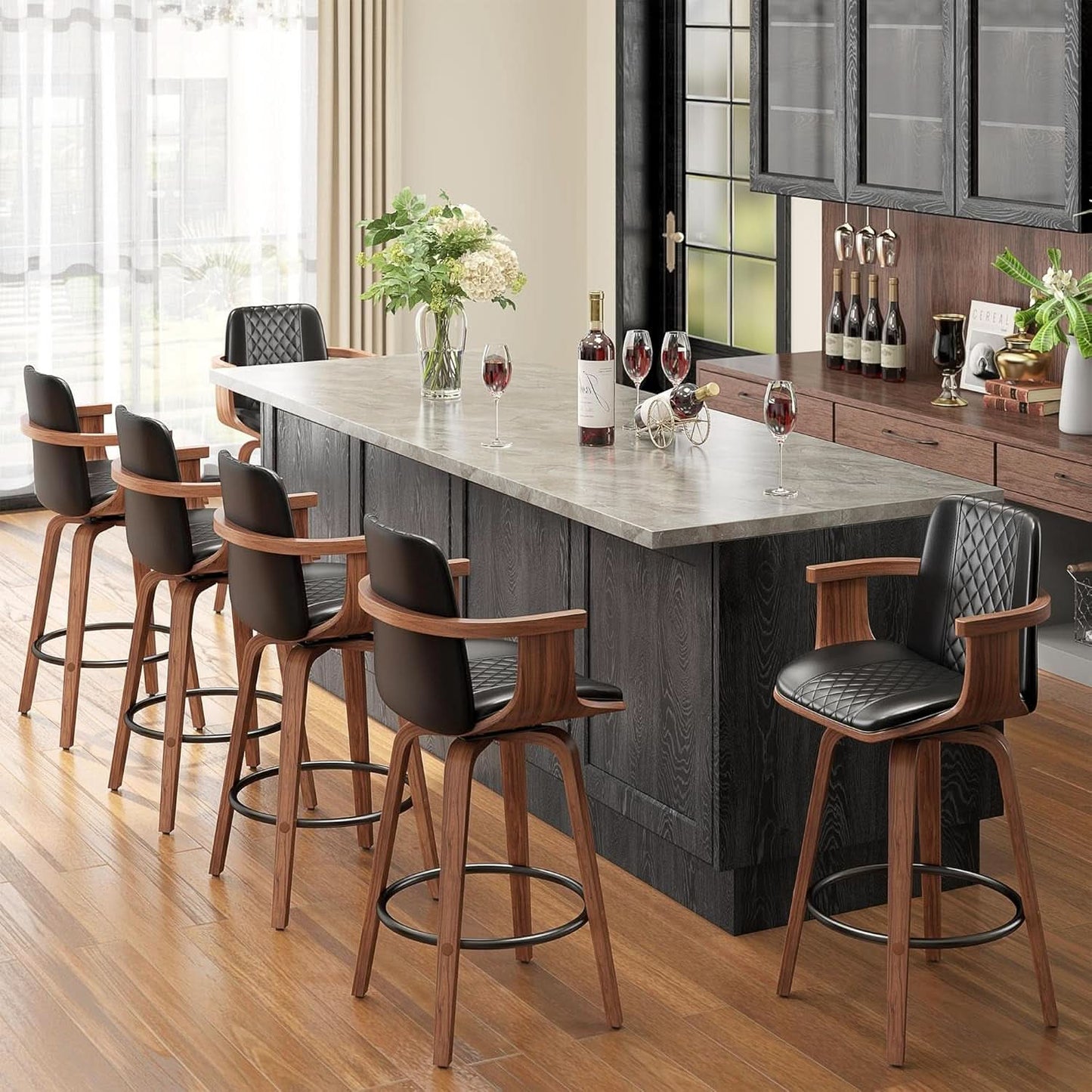 Set Of 3 26 Inch Bar Stools Black PU Leather Upholstery
