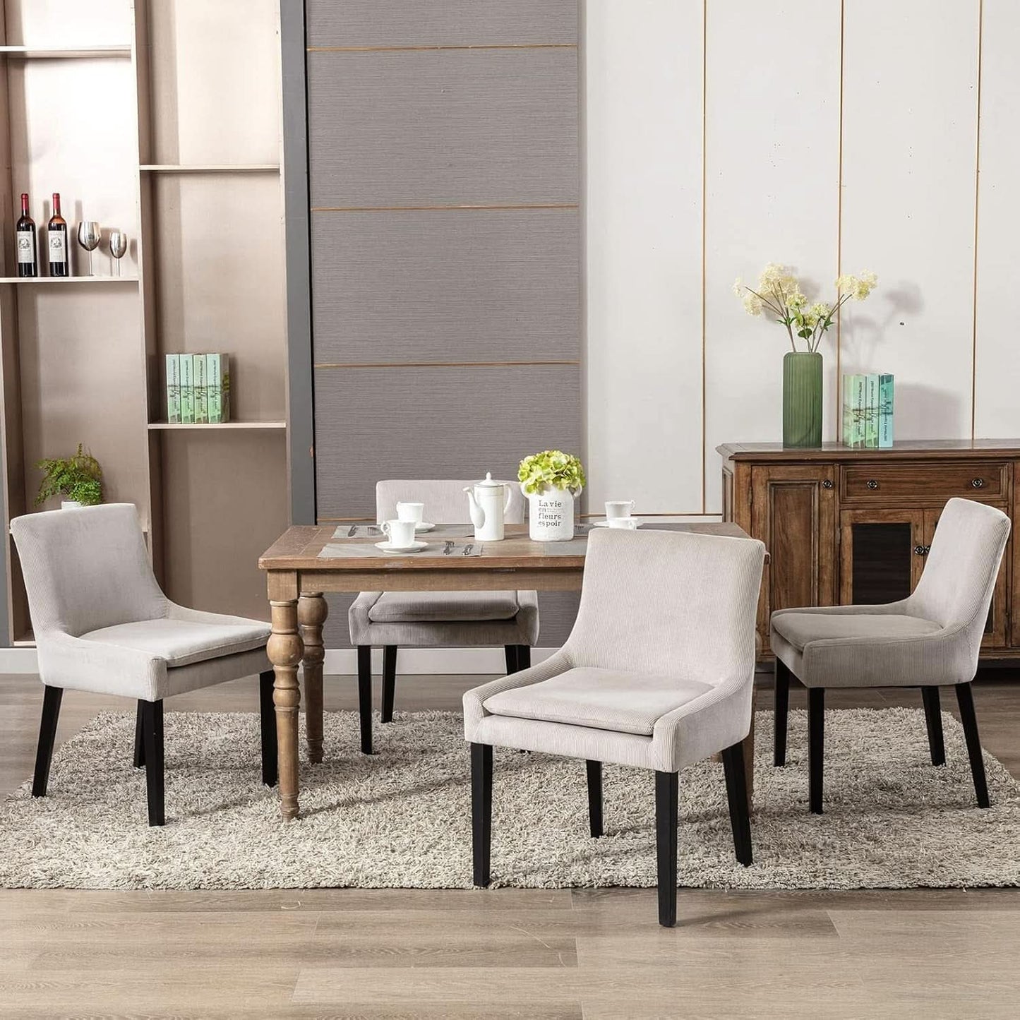 Beige Upholstered Corduroy Dining Chairs Bundle Four