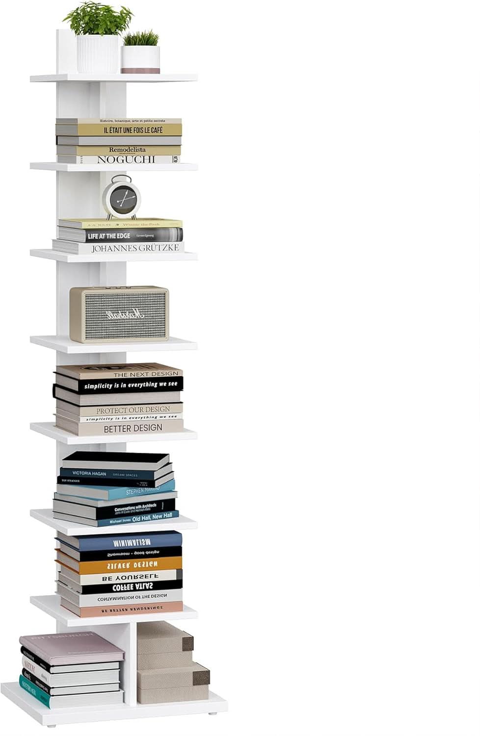 Vertical Bookshelf 8 Tier White Bookcase Living Room
