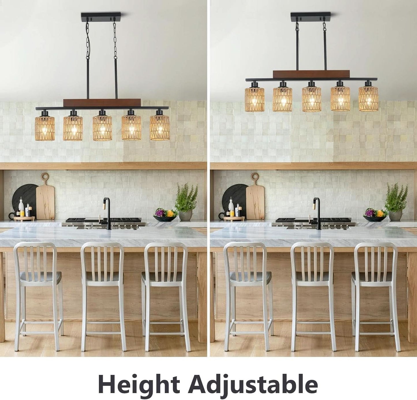 Rattan Farmhouse 5 Light Linear Chandelier Black Lighting