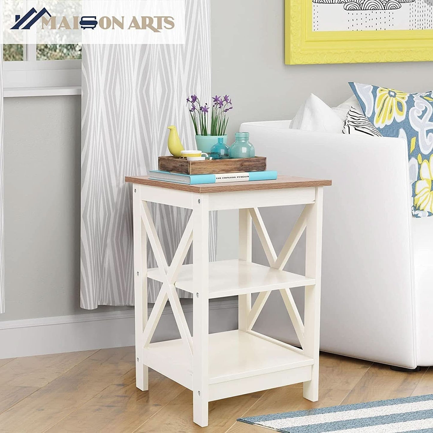 Rustic Ivory End Table Set Of 2 With Shelves 23.6 Inch