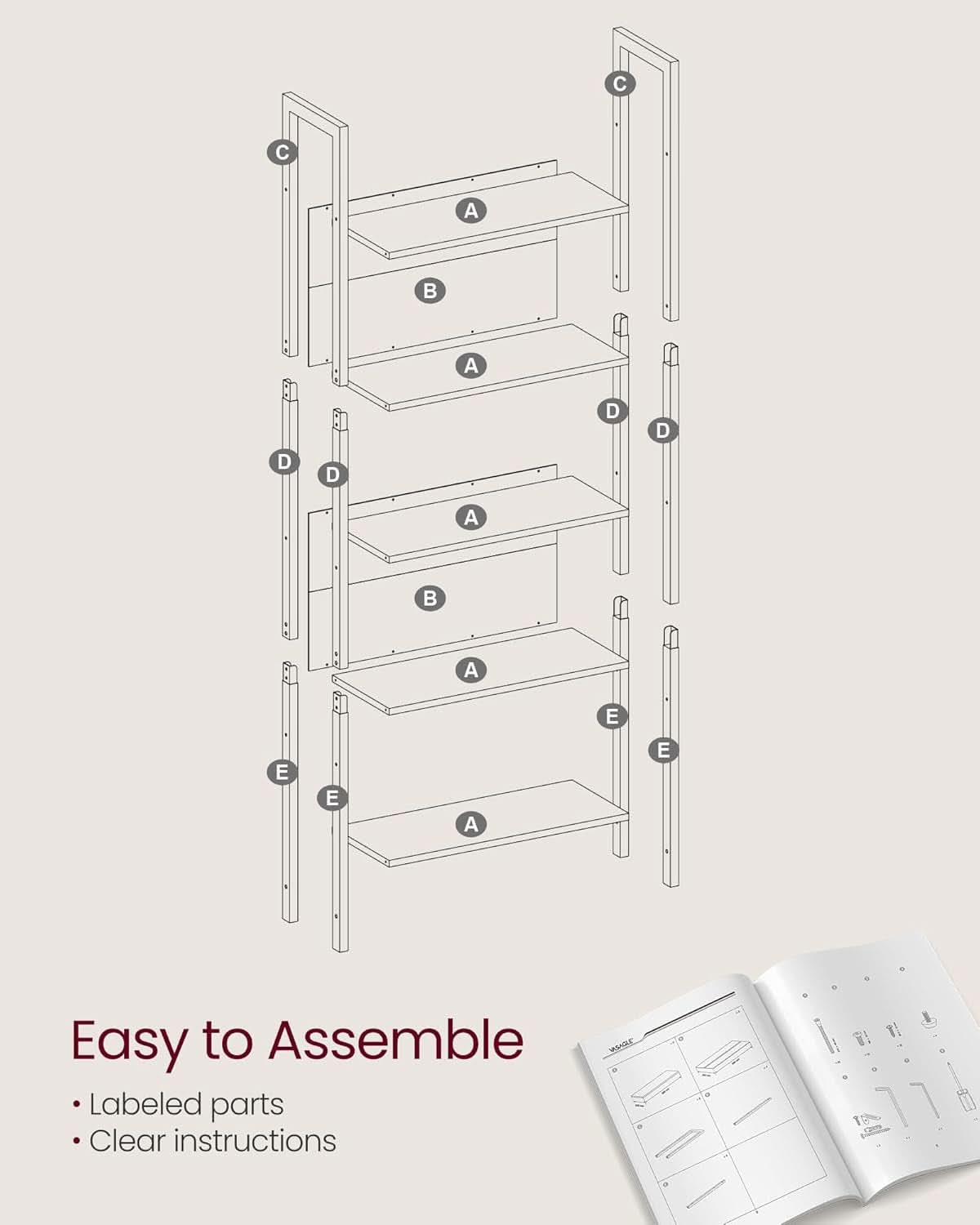 Five Tier Bookshelf With Steel Frame Camel Brown And Black