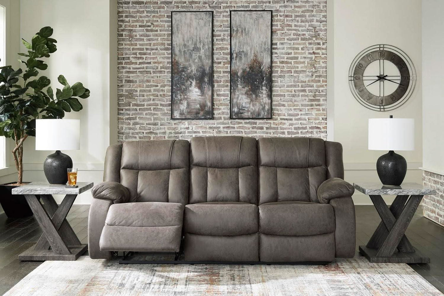 Contemporary Gray Faux Leather Manual Reclining Sofa