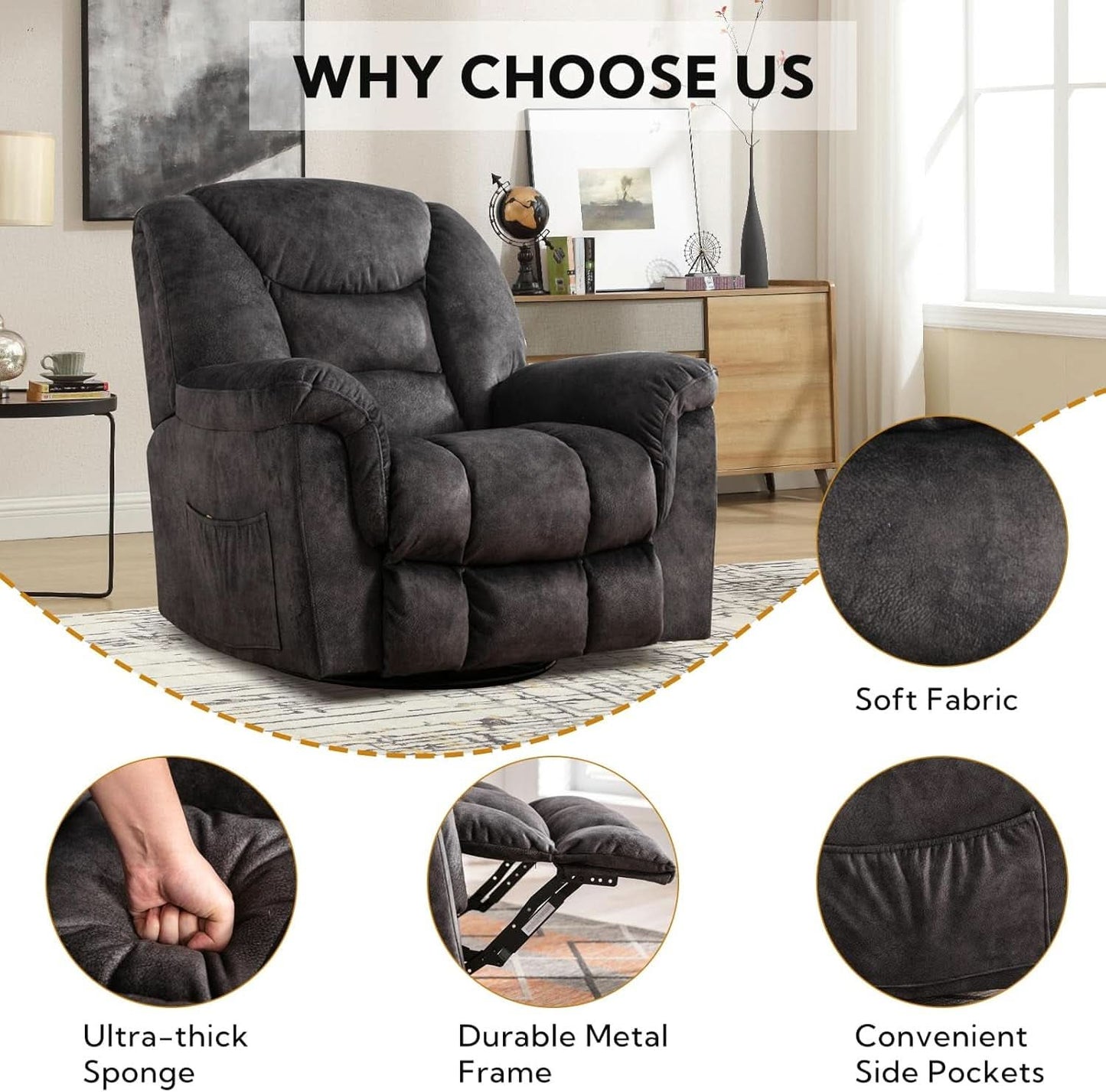 Oversized Swivel Recliner With Extra Wide Seat For Big And Tall