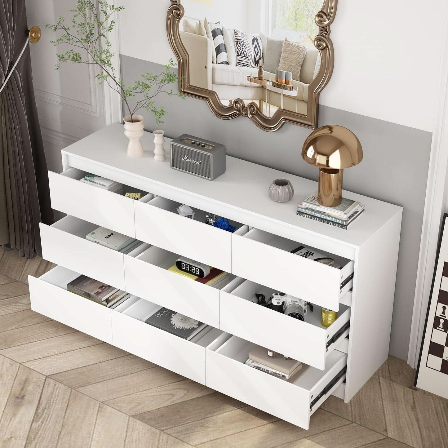 9 Drawer White Dresser For Bedroom Storage Eco Friendly Wood Finish