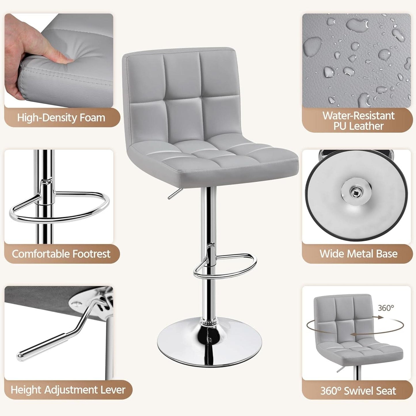 Bar Stools 2 Pack Adjustable Gray PU Leather Counter Height