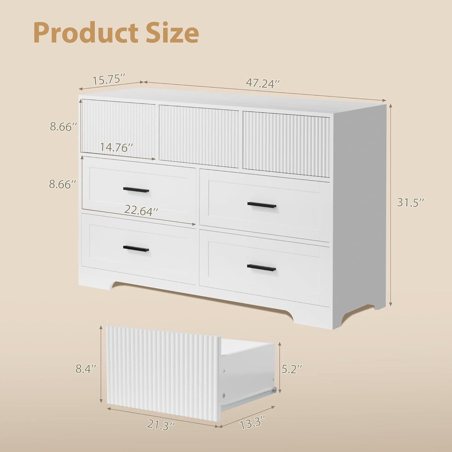 White 47Inch ContemporaryDresser With SevenDrawers