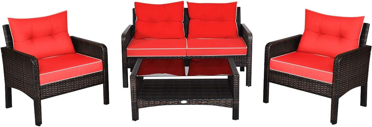 4 Piece Outdoor Wicker Patio Furniture Set with Cushions