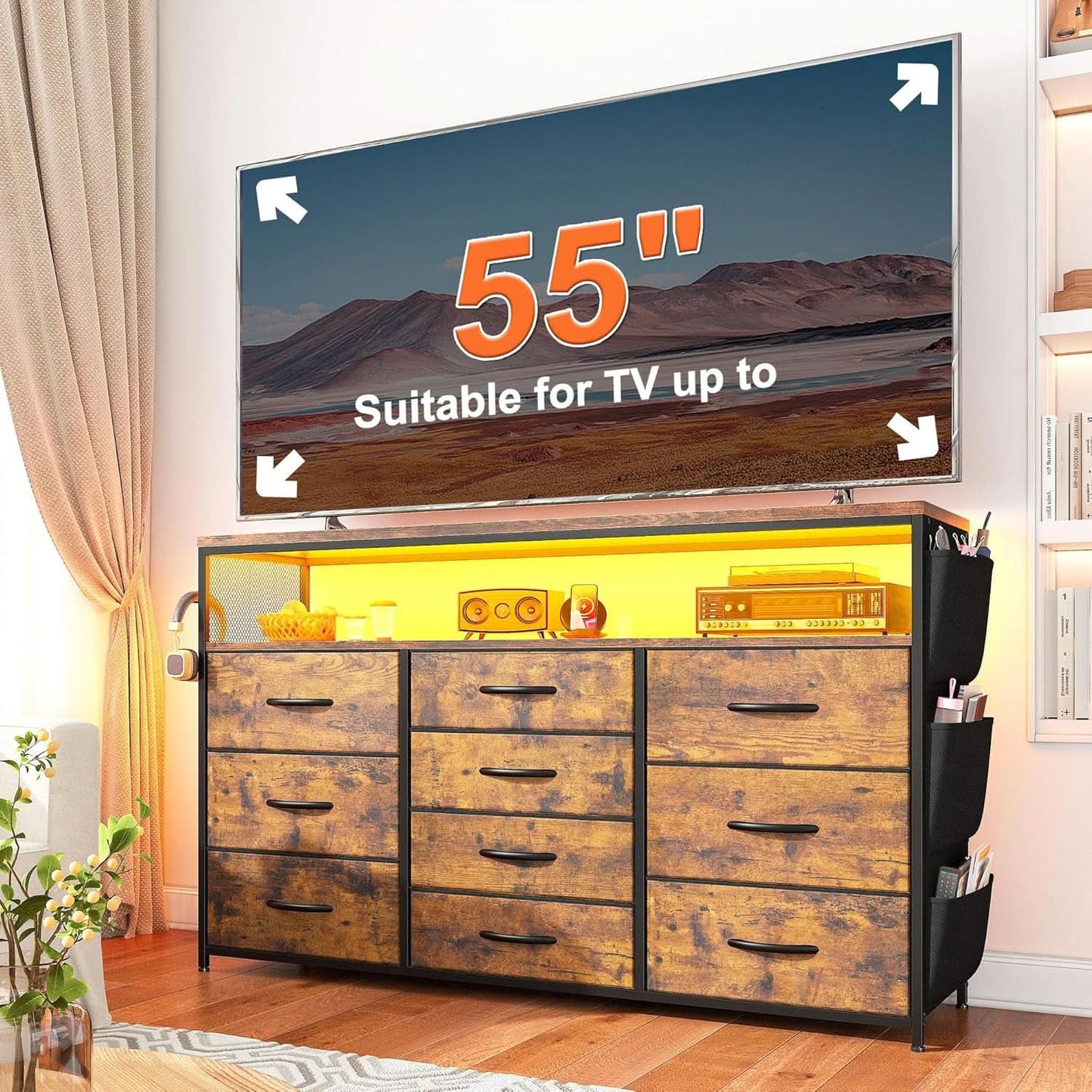 Dresser TV Stand 55 Inch 10 Drawers Rustic Brown Storage