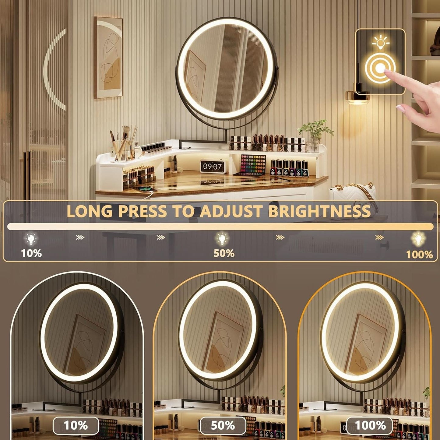 White Corner Vanity Mirror With Built In Charging Station