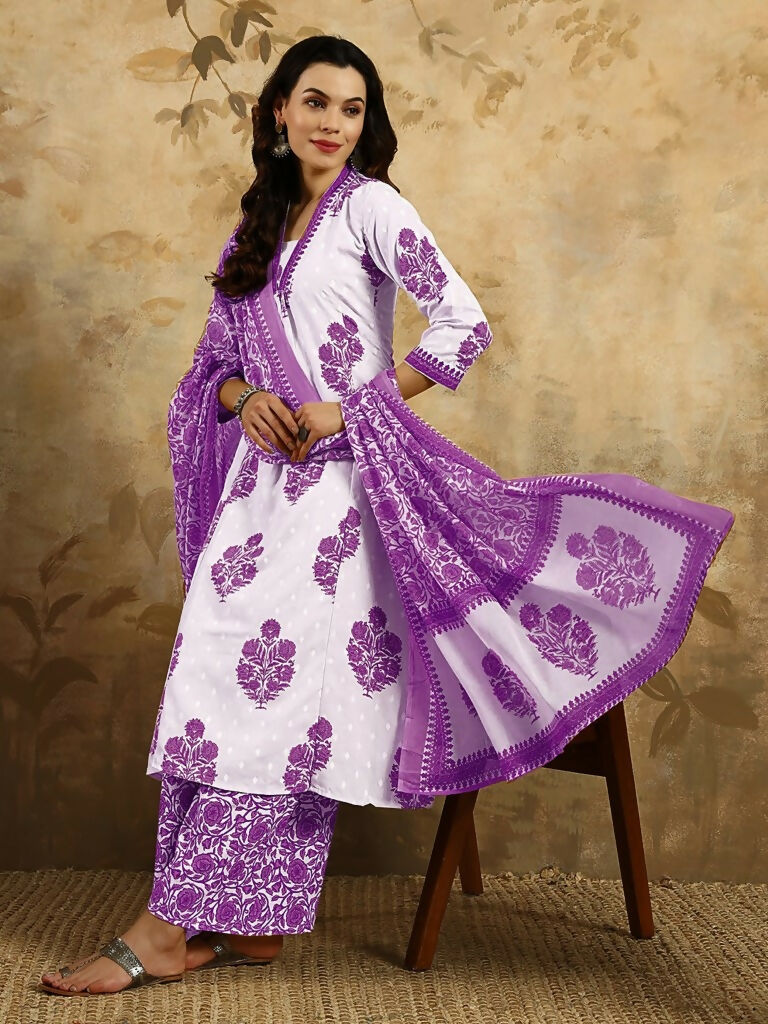 Purple Cotton Blend Printed Anarkali Suit with Dupatta - Rashmika
