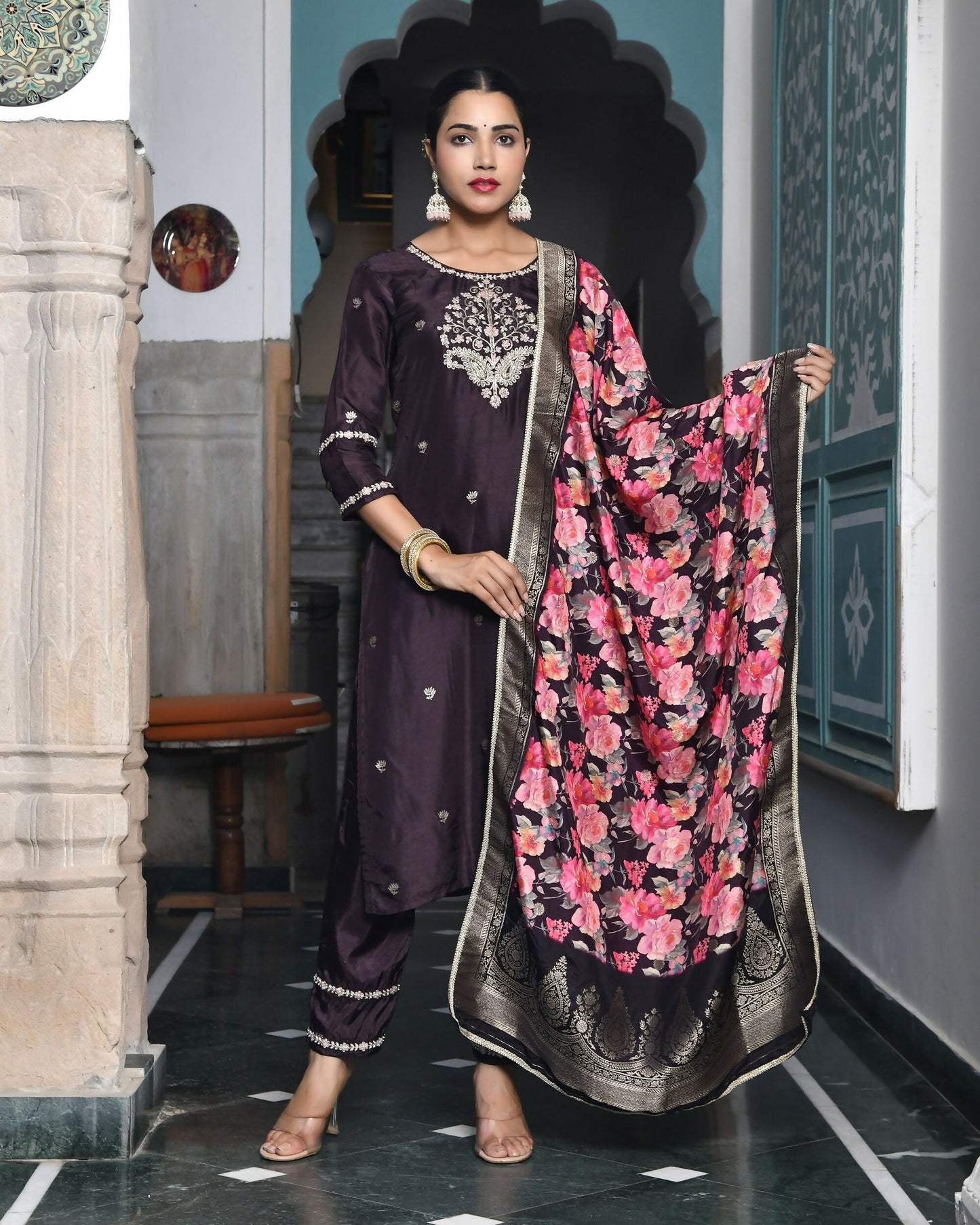Vaasva Women's Silk Emboidered Solid Pant Set & Digital Printed Dupatta