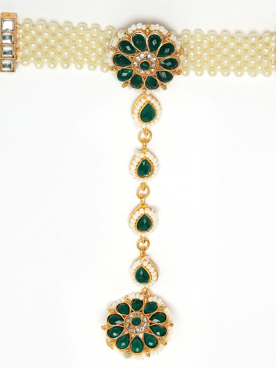 NVR Women's Green Gold-Polished Stone Studded Handcrafted Ring Bracelet