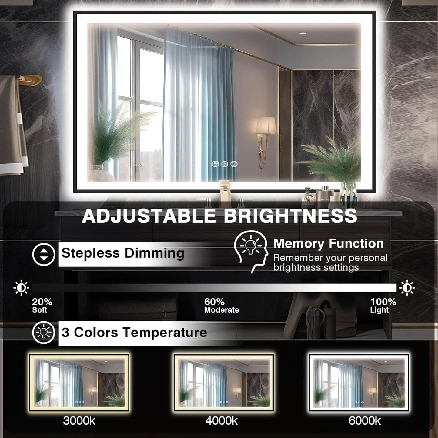 60X40 Matte Black LED Bathroom Mirror With Dimmable Lights
