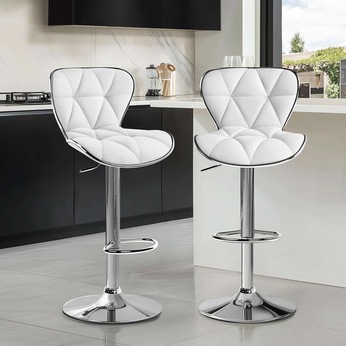 Bar Stools Set Of 2 White PU Leather Adjustable Swivel