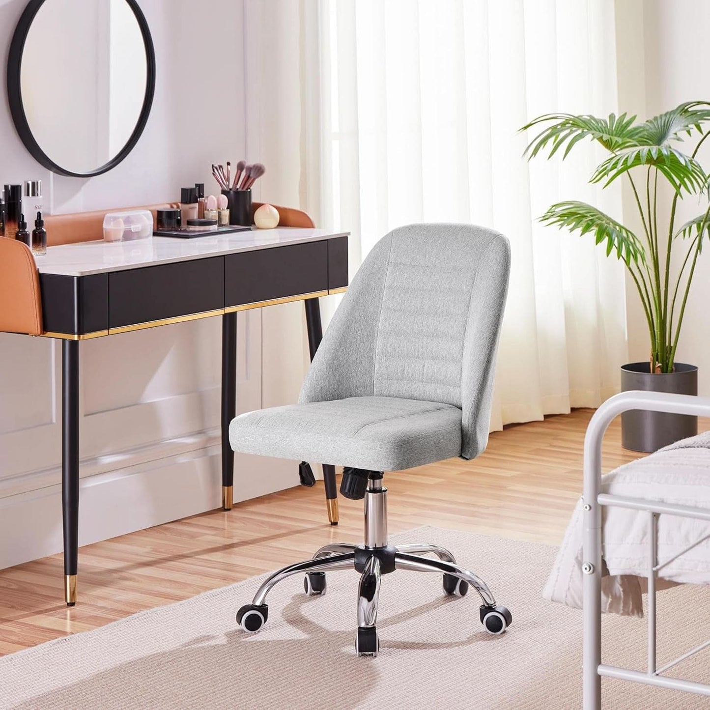 Linen Office Desk Chair With Rolling Wheels For Home Office
