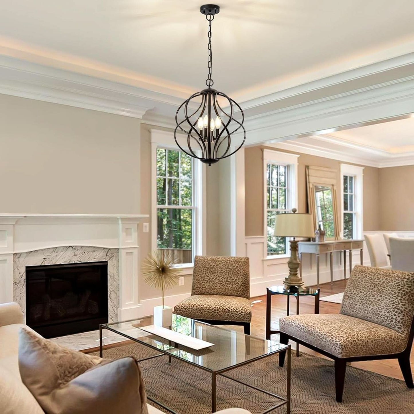 Black Four Light Geometric Pendant Chandelier Dining Room