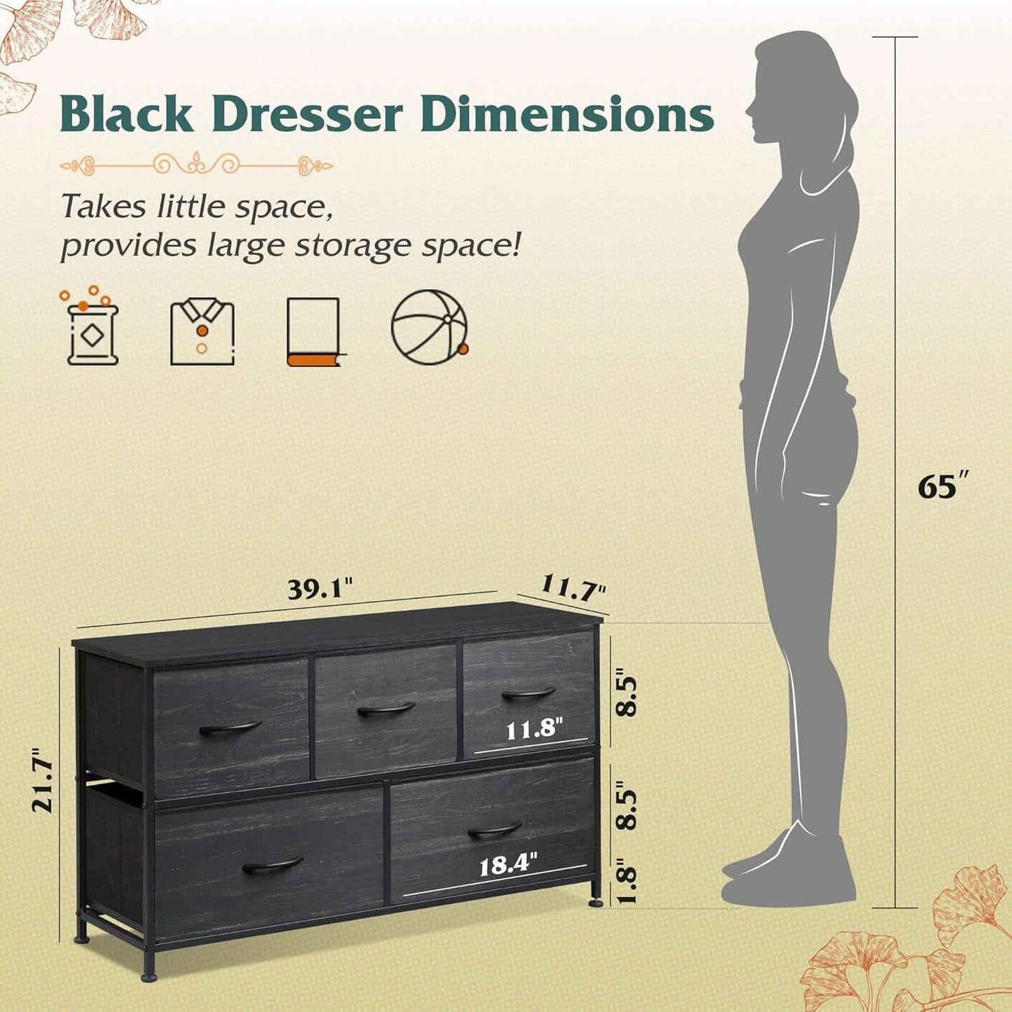 Charcoal Black Wood Grain Dresser With 5 Drawers And Fabric Bins