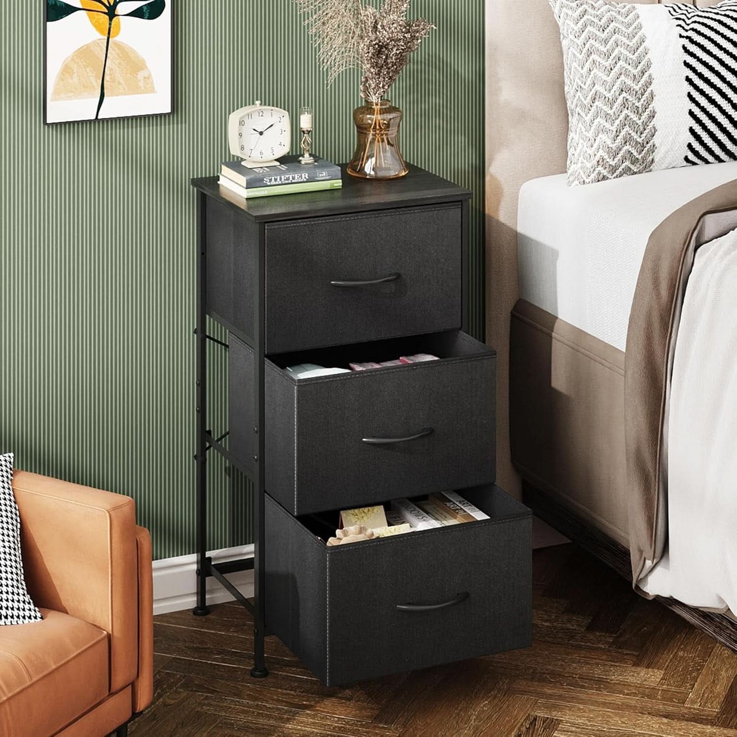 Charcoal Black 3 Drawer Dresser With Wood Top Steel Frame